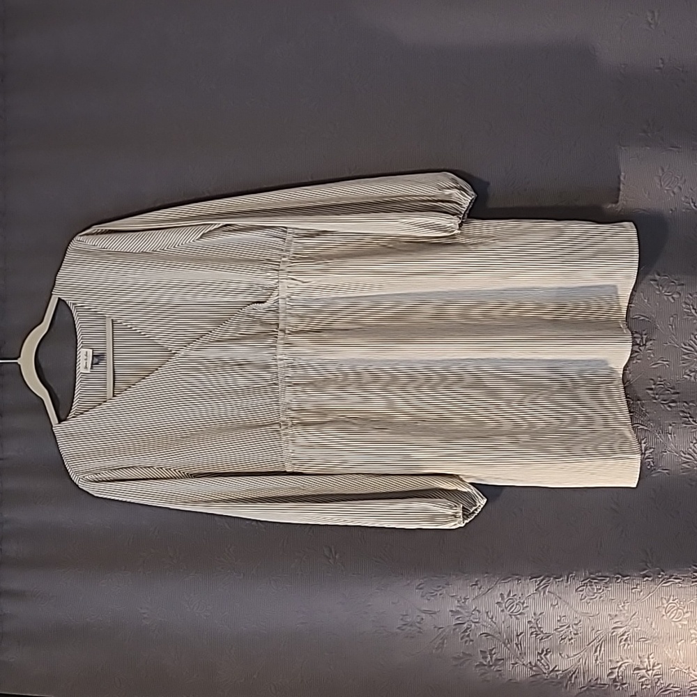 Yarn & Sea Faux Wrap Midi Dress Brown & White Striped, Large